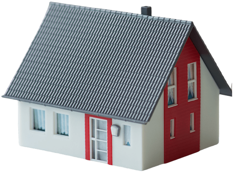 Model house with red and white exterior.