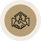 Handshake and house icon on circular background.