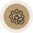 Gear icon with person and check mark.